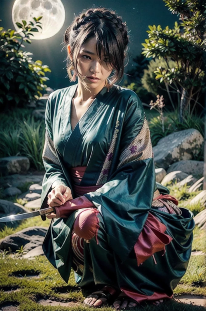 (Realistic:1.3), In detail, quality, Rembrandt Lighting, (masterpiece:1.2), (photoRealistic:1.2), (best quality), (Detailed skin:1.3), (Intricate details), dramatic, Ray Tracing, One girl, Japanese Girls, 21 years old, Detailed skin texture, (blush:0.5), (It gives me goosebumps:0.5), Scattered beneath the surface, stare, anger, Serious expression, Medium chest, Updo, bangs, Hair between the eyes, kimono, kimono, Floral print, Half-squat, Action pose, (Sword Drawing Technique:1.1), (night, night sky, Wide々Grassland, full moon),