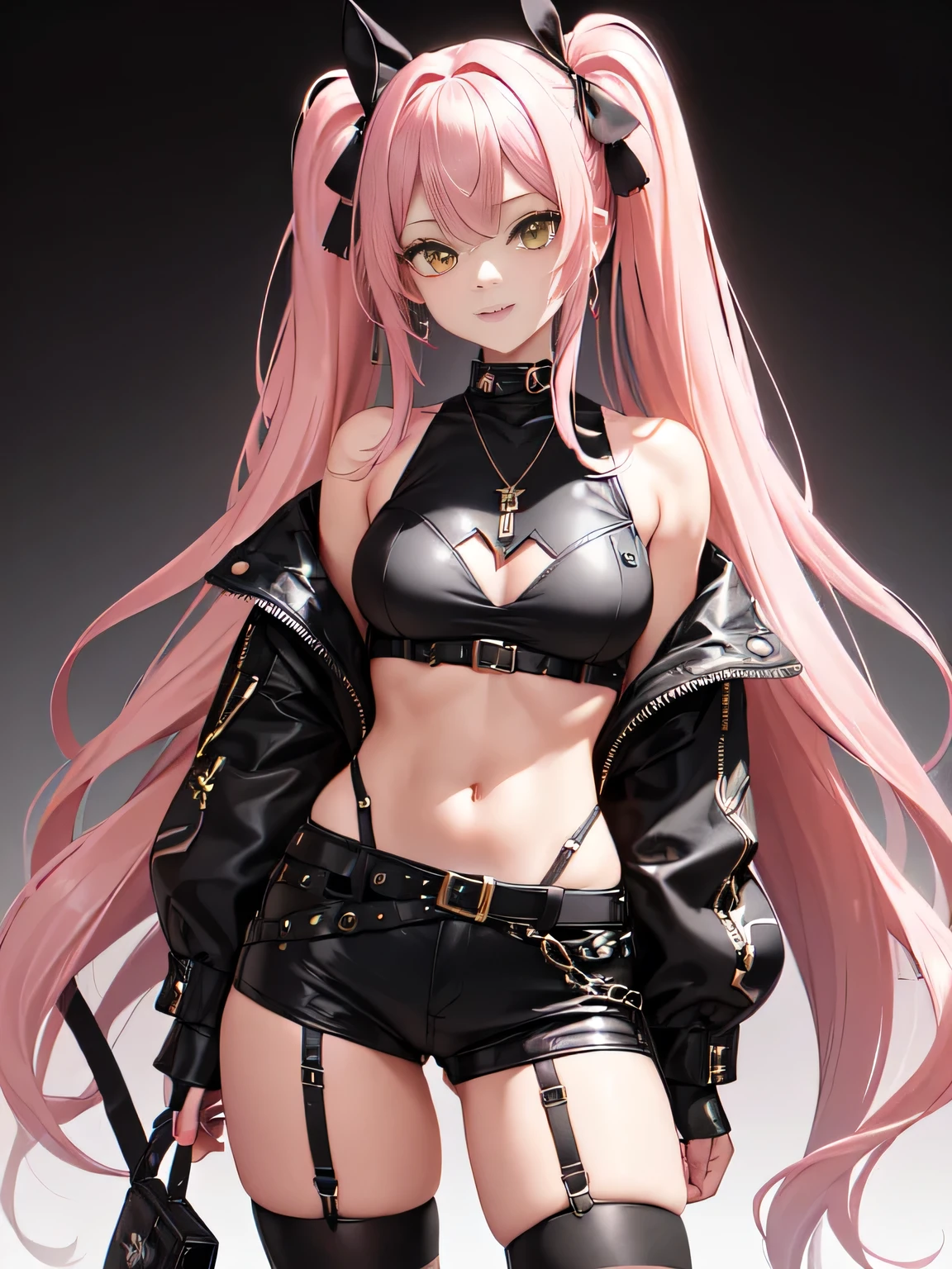 "(Hair: Long, wavy pastel pink hair that falls in soft waves to her waist. Her hairstyle is adorned with a pair of black bows, one on each side of her head, giving her a youthful and energetic touch. Face: Her expression is lively and playful, with a flirtatious smile and a wink in her left eye, denoting a happy and mischievous personality. Her eyes are a vibrant green, contrasting with her pink hair, and have a reflective shine. his enthusiasm Clothing: He wears a short black jacket that exposes his shoulders, over a white cropped t-shirt with a black graphic design. His outfit is complemented by various metallic details and fashion accessories, such as buckles and straps. highlights her athletic and well-defined figure. Accessories: She wears a necklace with a heart-shaped pendant and yellow earrings that add a touch of color. In addition, she has a small green backpack in the shape of a rabbit, decorated with a peculiar design. which includes a red cross in one of the eyes and black and white details. This unique and eye-catching accessory reinforces your distinctive appearance. Footwear and Underwear: Her outfit includes black shorts with lace details and various straps and buckles that give her a somewhat punk and rebellious style. She is wearing tall black boots that complement her bold look. Equipment: In his right hand, he holds a large dark-colored metal box, adorned with various symbols and letters, suggesting that it may contain important equipment or tools.)"