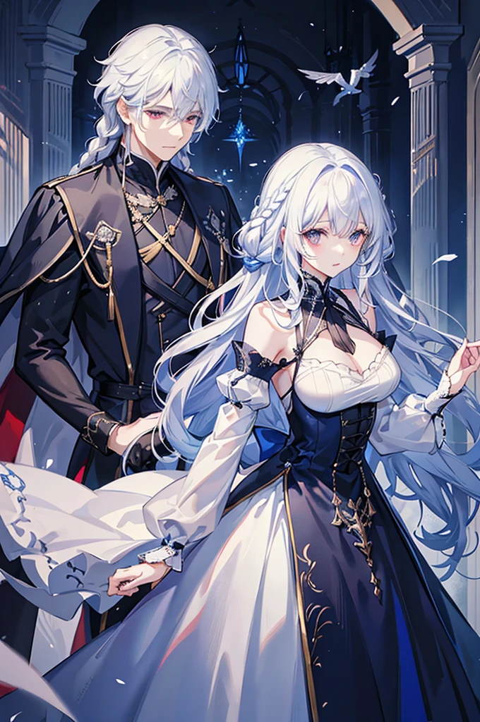 A woman with white hair and blue eyes and a man with black hair and red eyes、A man is embracing a lying woman、Fluffy wavy hairstyle on a log、Braiding、blue and white lace dress、Garter Ring、The man is wearing a cloak、Fantasy