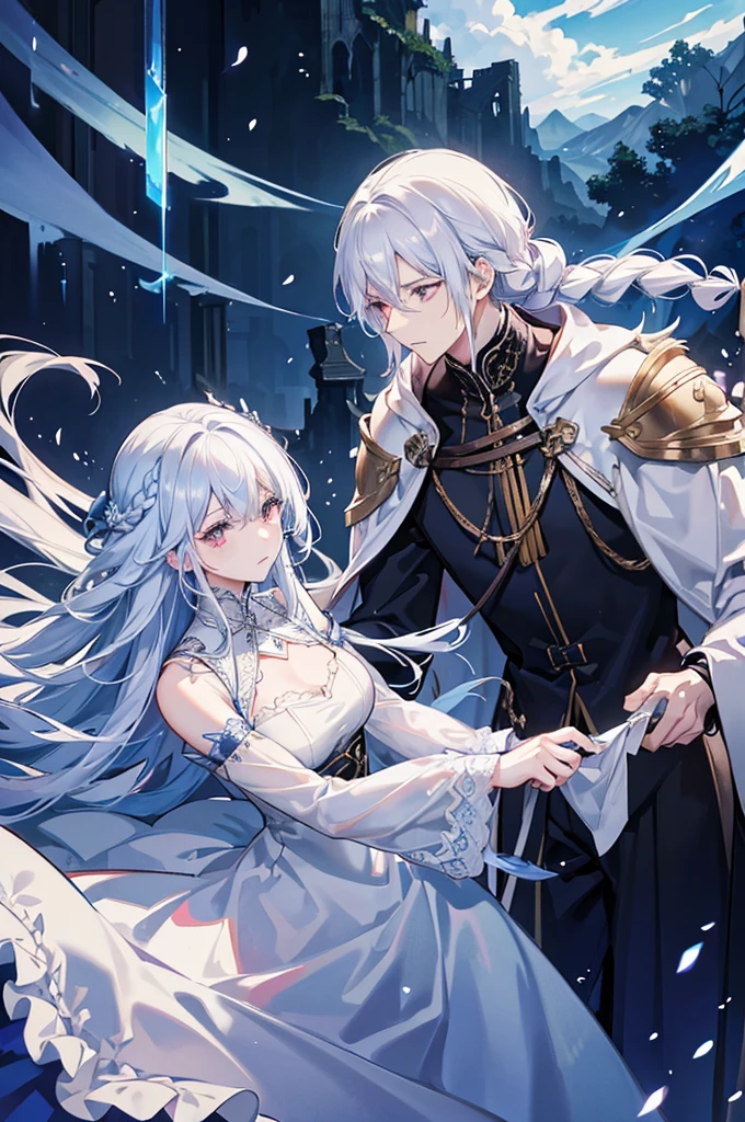 A woman with white hair and blue eyes and a man with black hair and red eyes、A man is embracing a lying woman、Fluffy wavy hairstyle on a log、Braiding、blue and white lace dress、Garter Ring、The man is wearing a cloak、Fantasy