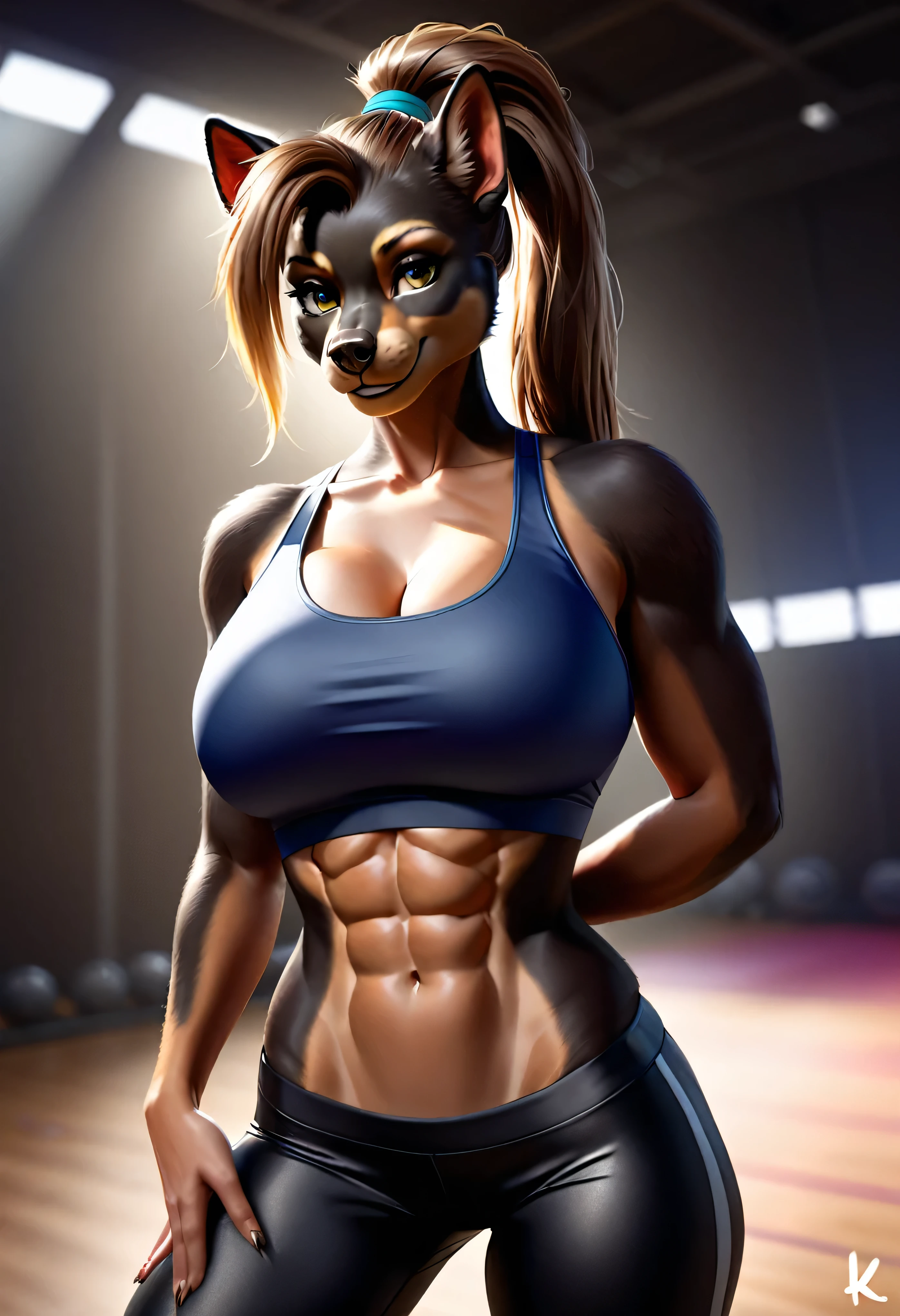 (8k, RAW photo, best quality, masterpiece:1.2), (realistic, photo-realistic:1.37), ultra-detailed, ultra high res, by Cutesexyrobutts, female anthro dobermann dog, looking at viewer, smile, ((wearing sports bra and tight yoga pants)), beautiful detailed eyes, (ponytail hair), detailed clothes, detailed black fur, large breasts, voluptuous, hourglass figure, fit, abs, cinematic lighting, professional lighting