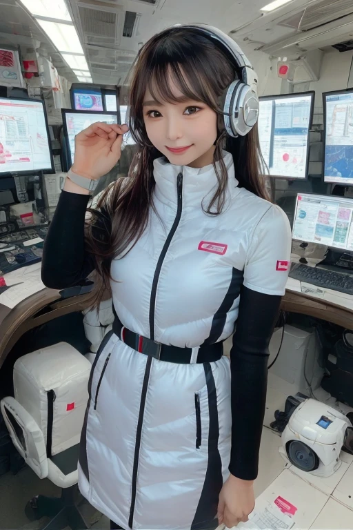 masterpiece, Highest quality, Very detailed, 8K Portrait,Japanese Android Girl,plump , Control panel,Robotic arms and legs, Blunt bangs,,break (Metallic Gray, Metallic luster, Mirror finish, Astro Best):5,headphone:5,break (Black sleeves):100,Smart Watches,Futuristic space station,Control Room,break headphone,blue eyes,(Black Hair):2,(Long Hair):1.3,Viewer Display,(respirator),break blush:3,Hidden Hand,smile