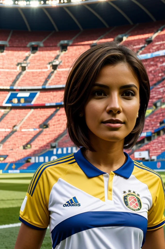 Short brown hair woman with the Colombian national team shirt inside a soccer stadium