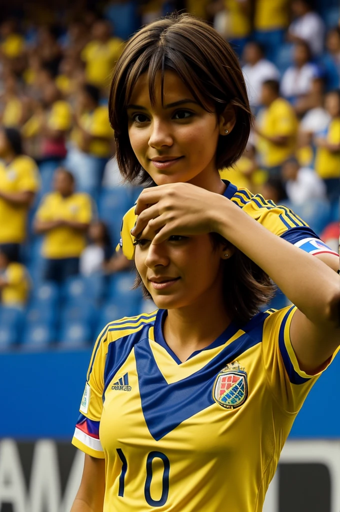 Short brown hair woman with the Colombian national team shirt inside a soccer stadium 