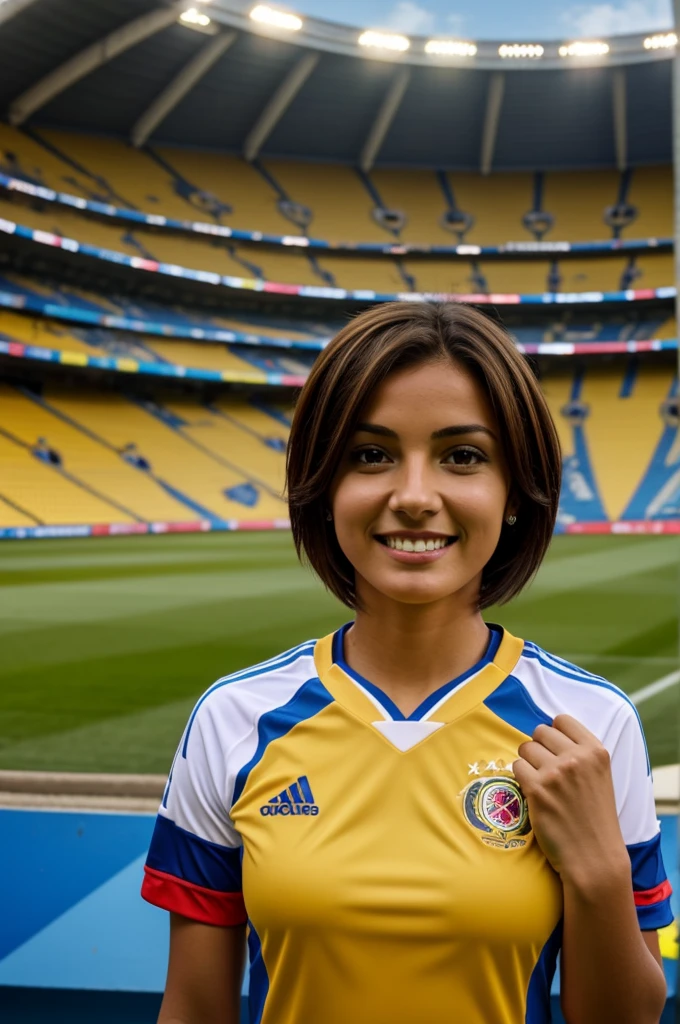 Short brown hair woman with the Colombian national team shirt inside a soccer stadium