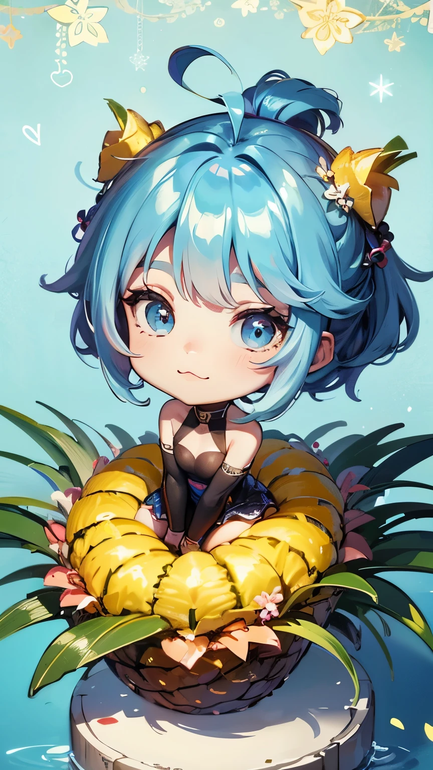 (Chibi、Chibi Body、Masterpiece:1.mall face、Cute all over、Light blue hair color, Short chignon hair:1.2),Highly detailed eyes、Light blue eyes、Breasrgement、Textured skin、 :3, Ahoge, Very thin legs、(Pineapple Wallpaper、Big fresh pineapple:1.3)、Pineapple Floor、Realistic, Ultra-high resolution, High detail, 32k, Highest quality、(A miracle photo、A precious scene:1.3)