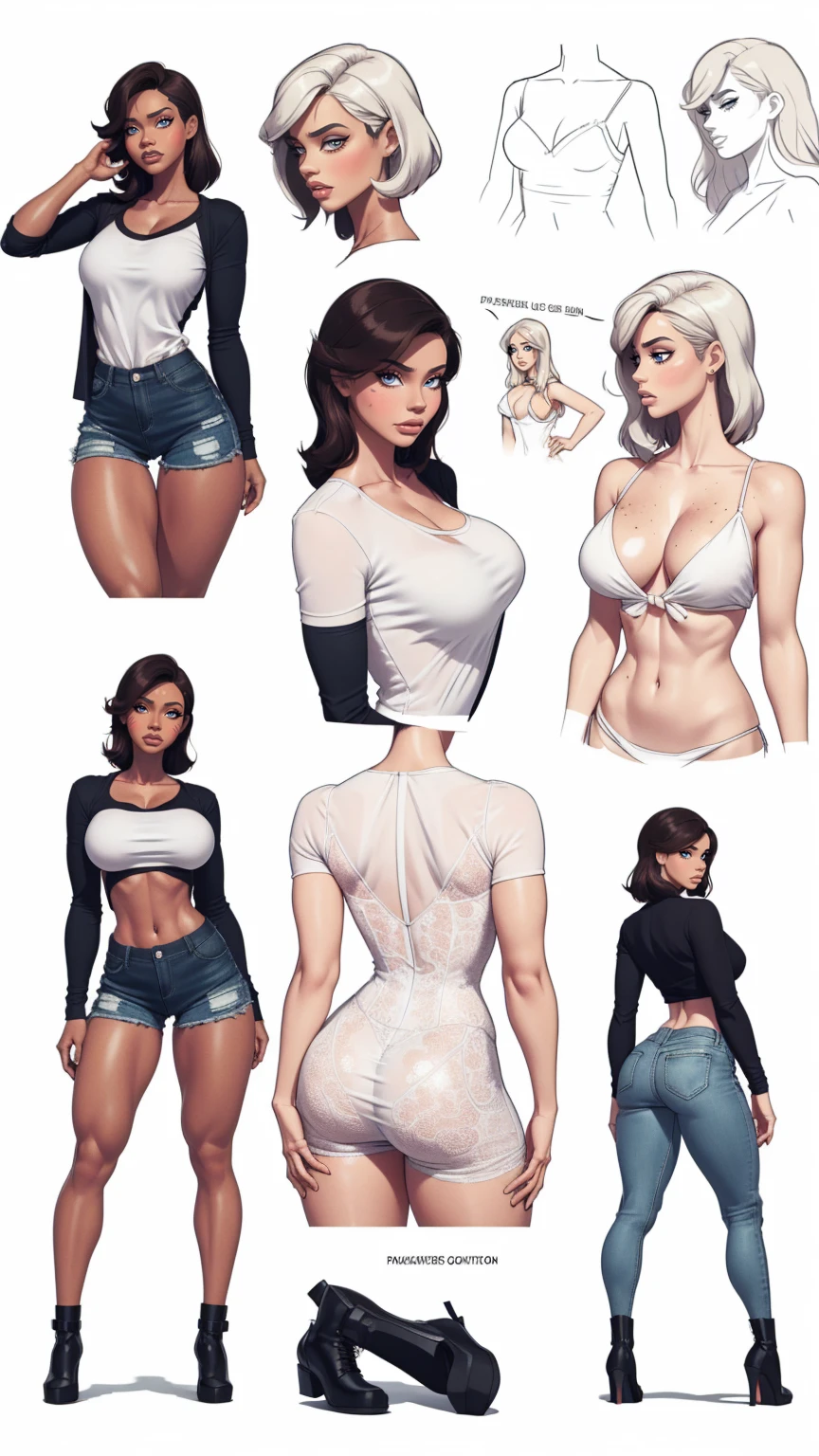 ((masterpiece)),(((best quality))),((character design sheet)),((Infographic drawing. Multiple sexy poses, white background)), ((full body view)) illustration,Catalogue of sex slaves,1girl, thick thighs, ((detailed face:1.4)) promiscuous sex friend, rough sketches, between breasts,big breasts,vaginal secretions,(extremely detailed, realistic, intricate details, highres), solo, blush, freckles, eyeliner, eyeshadow, eyelashes, wearing leggings, oversized t-shirt, and combat boots, (large breasts, thick thighs, wide hips),hair accessories,seductive grin smug,solid color backdrop, clean backdrop