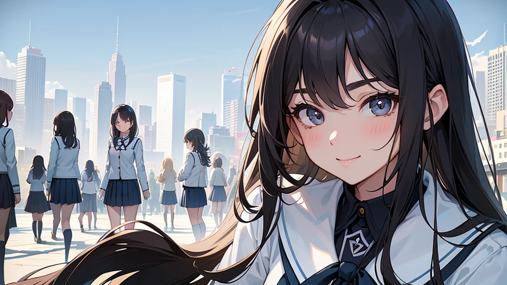 Highest quality、High resolution、Detailed Background、(Beautiful face in every detail:1.5)、Anatomically correct、Teenage beauty、(Highly detailed face)、Light color hair、cute髪型、well-groomed eyebrows、A big smile、smile、Urban Scene、Skyscrapers、Bustling streetscape、(Five girls in JK uniforms:1.5)、
Place the main motif in the center and leave space on both sides、Adding color contrast、Bright center and softer sides、Be aware of the movement of the lines、A composition with depth、Leave some space above your head、cute