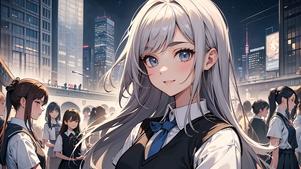 Highest quality、High resolution、Detailed Background、(Beautiful face in every detail:1.5)、Anatomically correct、Teenage beauty、(Highly detailed face)、Light color hair、cute髪型、well-groomed eyebrows、A big smile、smile、Urban Scene、Skyscrapers、Bustling streetscape、(Five girls in JK uniforms:1.5)、

Place the main motif in the center and leave space on both sides、Adding color contrast、Bright center and softer sides、Be aware of the movement of the lines、A composition with depth、Leave some space above your head、cute