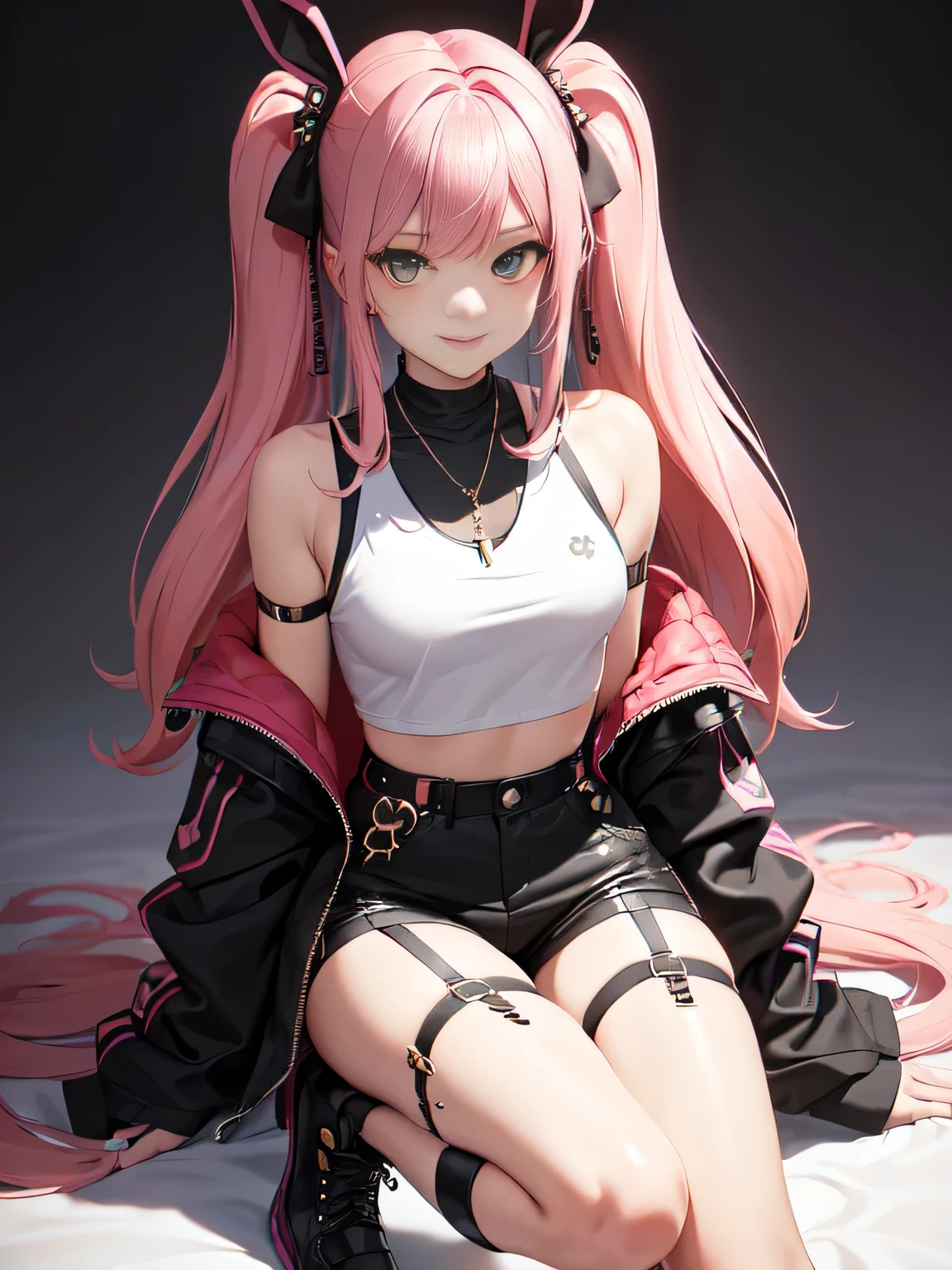 (all intricate details, Zenless Zone Zero style, 1 girl view, Nicole starts): "(Hair: Hair largo y ondulado de color rosa pastel que cae en suaves ondas hasta la cintura. Her hairstyle is adorned with a pair of black bows, one on each side of your head, which gives it a youthful and energetic touch.
face: His expression is lively and playful, with a flirtatious smile and a wink in his left eye, which denotes a happy and mischievous personality. His eyes are a vibrant green, contrasting with her pink hair, and they have a shine that reflects your enthusiasm. Clothing: He wears a short black jacket that exposes his shoulders., over a white cropped t-shirt with a black graphic design. Her outfit is complemented with various metallic details and fashion accessories., like buckles and straps. The short t-shirt highlights your athletic and well-defined figure.
accessories: She wears a necklace with a heart-shaped pendant and yellow earrings that add a touch of color. Besides, He has a small green backpack in the shape of a rabbit., decorated with a peculiar design that includes a red cross in one of the eyes and black and white details. This unique and eye-catching accessory reinforces your distinctive appearance.
Footwear and Underwear: Her outfit includes black shorts with lace details and several straps and buckles that give her a somewhat punk and rebellious style.. She wears tall black boots that complement her bold look..
equipment: in his right hand, holds a large dark metal box, decorated with various symbols and letters, suggesting it may contain important equipment or tools.)"