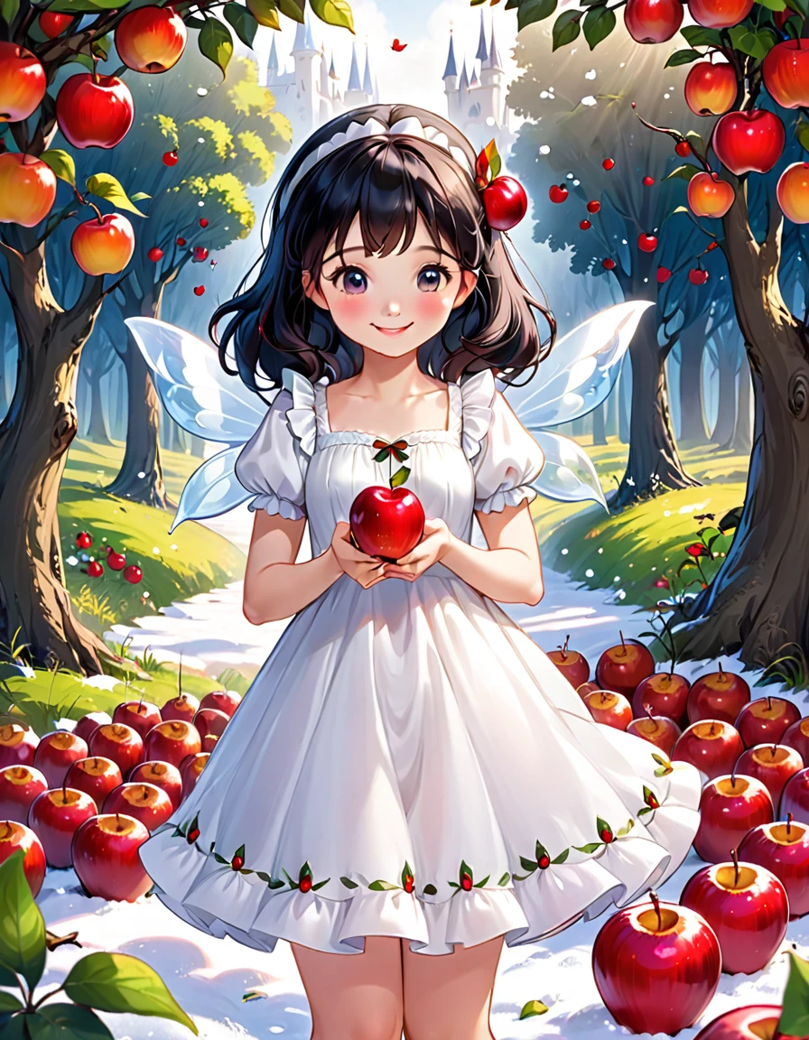 fairy tale snow white A cute beautiful girl wearing a cute white dress Adorable smile Have red apples Cute seven dwarfs