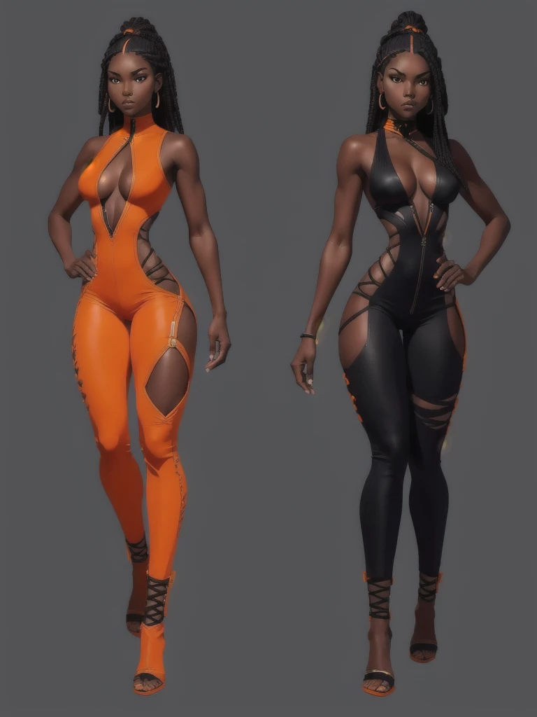 ((best quality)), ((4k)), ((highres)), ((masterpiece:1.2)). ((detailed)), ((ultra realistic)), ((intricate details)), ((full body picture)), ((solo character)), a full body picture of a beautifull Ebony skinned female, black woman, dark skin, ebony princess, ebony model, perfect face, detailed eyes, detailed lips, about 25 years old, about 5'7 ft. tall, long thin black dreadlocks down to her hips, ((emphasis on her long thin black dreadlocks down to her hips)), pretty, feminine woman, toned body but not too muscular looking, hourglass figure, dressed in a skin-tight sleeveless full body orange jumpsuit, ((emphasis on the skin-tight sleeveless full body orange jumpsuit)), gold adornments, showing cleavage, glamorous, strappy lace up high, fighting game character concept art, tekken character design, the king of fighters character concept, full bofy, full body concept art, full body art