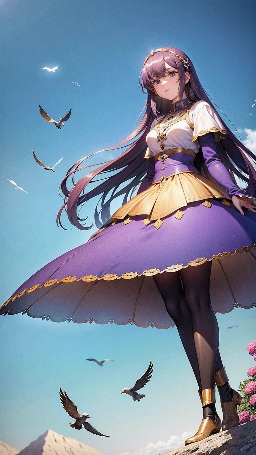 A young woman standing on a hilltop overlooking a vast expanse of clear blue sky, where the land and sky meet at the horizon. The scene features purple and blue color tones. Below, there is a large valley mountain adorned with colorful flowers in shades of blue, red, green, purple, and yellow. The setting is a fantasy world with medieval mega-buildings, rocks, tree branches, fallen leaves, and birds. The illustration is highly saturated and vibrant, with intense and rich colors, depicted in a mystical and ethereal style. The sky above is clear blue, and the atmosphere is filled with magical color films. The overall detail is high, with strong, exaggerated colors.