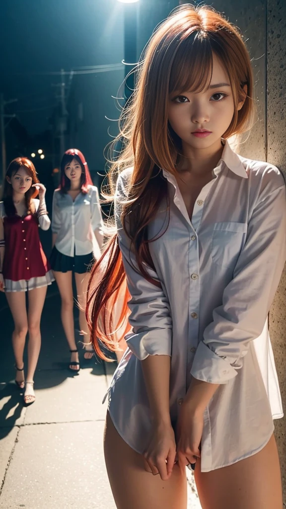 (Natural strawberry blonde and redhead girls with pretty faces), Cute pose, wearing a button shirt,  body, skinny, Atmospheric, Dark atmosphere, Edge lighting, Sayaka Yamamoto, Saito Asuka, Mao Akiyama&#39;s facial features, 8K, Full body portrait, Elegant outfit, Natural light, Spooky greenhouse at night, Sharp focus, (Highly detailed eyes and face, Professional photography techniques), (Beautiful small face, beautiful girl, high , Idol Face, Baby Face:1.4)Happy, K UHD, Hmph, Beautiful and soft skin, Vibrant Skin, blush, (Chirarizum:1.3, Unbutton your shirt:1.3), (Beautiful breasts, Cleavage), (Small beautiful butt), (Detailed hands:1.1, The optimal ratio is four fingers to one thumb), Perfect proportions, (Perfect Anatomy:1.3), (Highest quality, Masterpiece, Highest quality, Ultra high definition, Photorealism:1.4), ((お互いのbodyに触れ合う:1.2)), (Clear background:1.2)