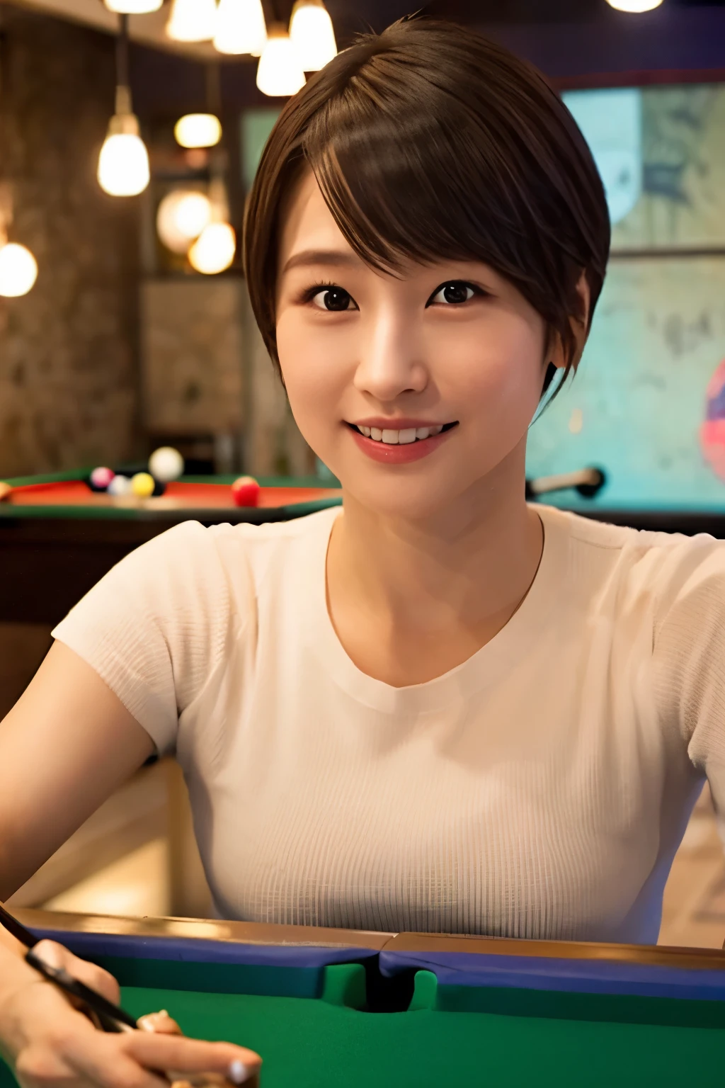 masterpiece, RAW photo, standing in a pool hall with pool table next to you, top quality, realistic, very detailed, very refined and beautiful with a smile on the face professional lighting, face lighting, depth of field, single focus, full body, 30 years old Japanese woman, brown hair, brown eyes, small head, fashionable lady, beautiful eyes, real face, detailed face, real skin, realistic skin, detailed eyes, playing billiards, (fashionable hairstyle: 1.3), dynamic pose, viewer, detailed chest, appearance announcer