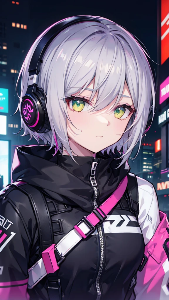 Gray Hair Short Hair sniper rifle Close one eyes
rooftop Eyes colors Neon green Neon purple) Sweat A tense look Also funny Face Headphones is neck Foodie
(overall add shading more colorful)
(cyberpunk world in the near future)