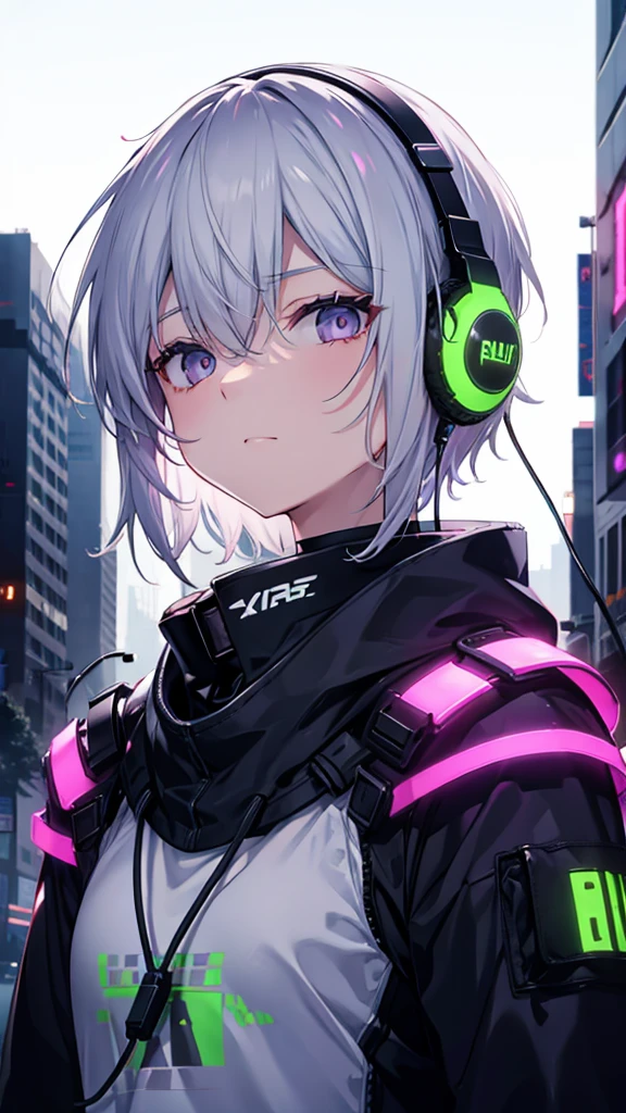 Gray Hair Short Hair sniper rifle Close one eyes
rooftop Eyes colors Neon green Neon purple) Sweat A tense look Also funny Face Headphones is neck Foodie
(overall add shading more colorful)
(cyberpunk world in the near future)
