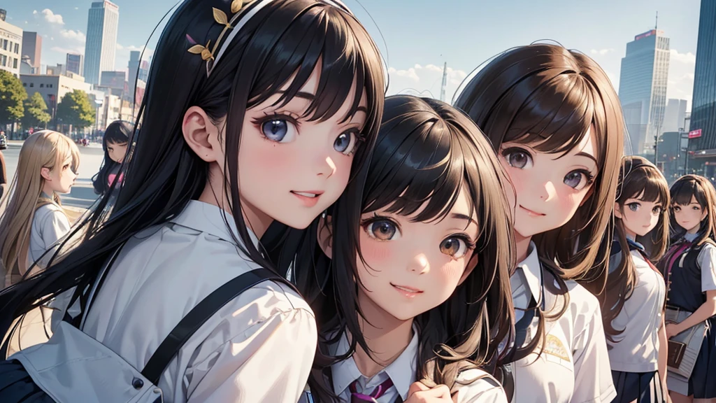 Highest quality、High resolution、Detailed Background、(Beautiful face in every detail:1.5)、Anatomically correct、Teenage beauty、(Highly detailed face)、Light color hair、cute髪型、well-groomed eyebrows、A big smile、smile、Urban Scene、Skyscrapers、Bustling streetscape、(Five girls in JK uniforms:1.5)、
Place the main motif in the center and leave space on both sides、Adding color contrast、Bright center and softer sides、Be aware of the movement of the lines、A composition with depth、Leave some space above your head、cute