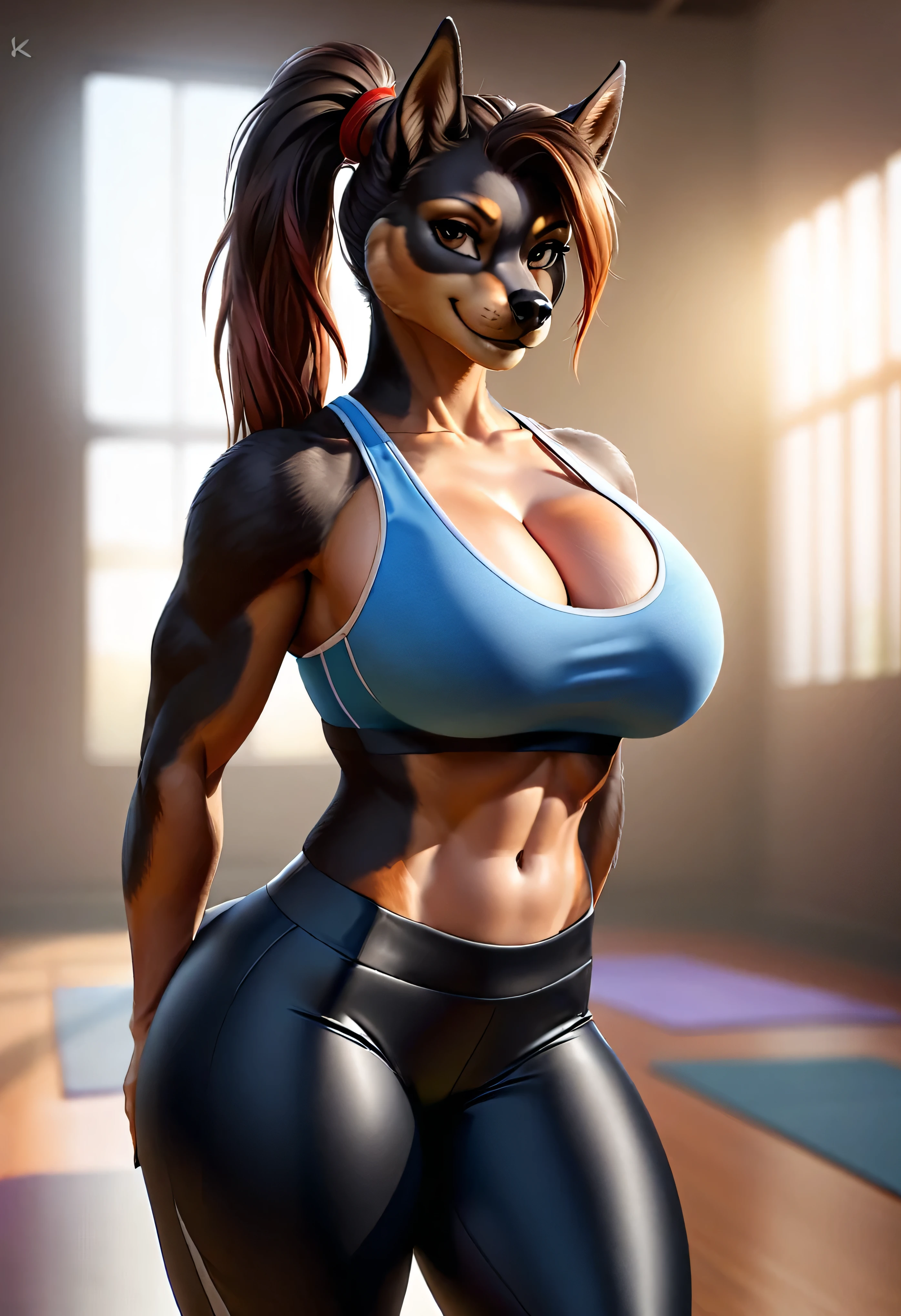 (8k, RAW photo, best quality, masterpiece:1.2), (realistic, photo-realistic:1.37), ultra-detailed, ultra high res, by Cutesexyrobutts, female anthro dobermann dog, looking at viewer, smile, ((wearing sports bra and tight yoga pants)), beautiful detailed eyes, (ponytail hair), detailed clothes, detailed black fur, large breasts, voluptuous, hourglass figure, fit, cinematic lighting, professional lighting