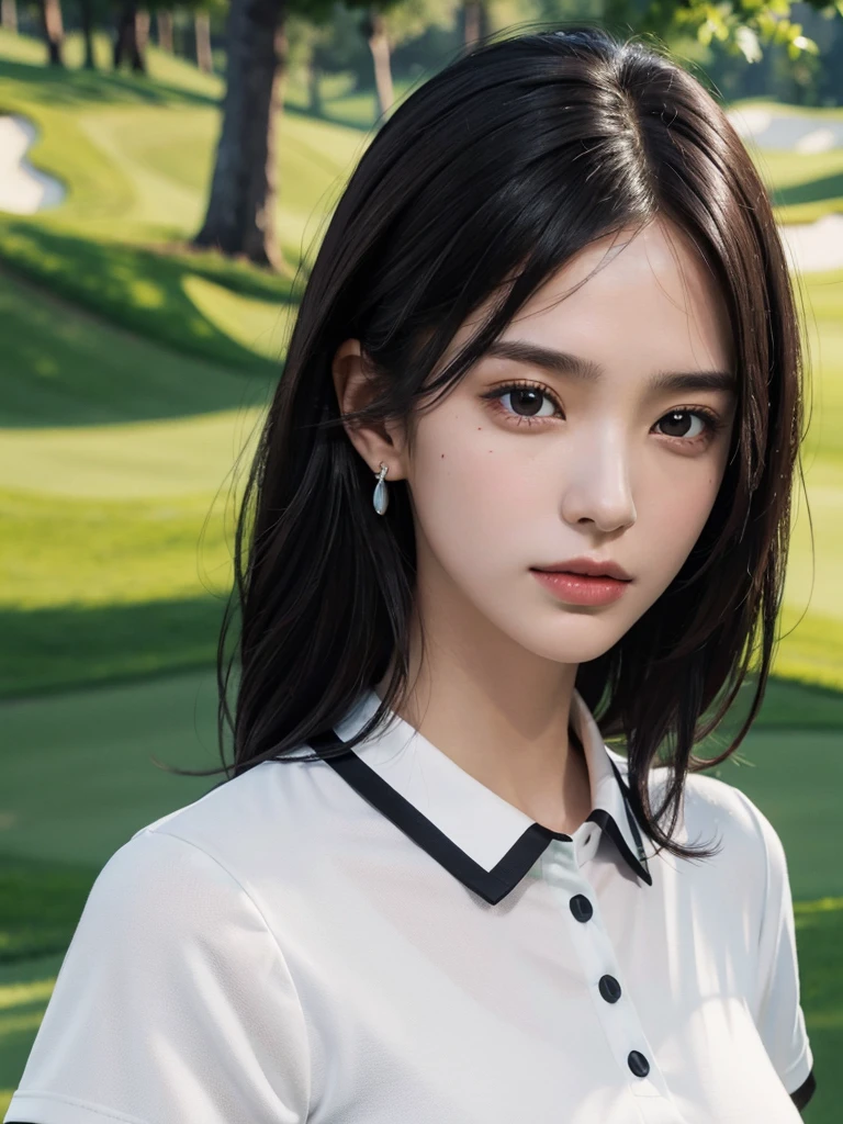 absurdres, RAW photo, extremely delicate and beautiful, masterpiece, Best Quality, ultra high resolution, 32k, hyperrealistic, ultra-detailed, perfect figure, Perfect Style, Perfect balance, in her 20s, very small head, very small face, delicate facial features, tearful mole, earring, ((very huge breasts)), ((full body shot)), ((bare legs)), ((medium hair)), black hair, ((golf uniform)),