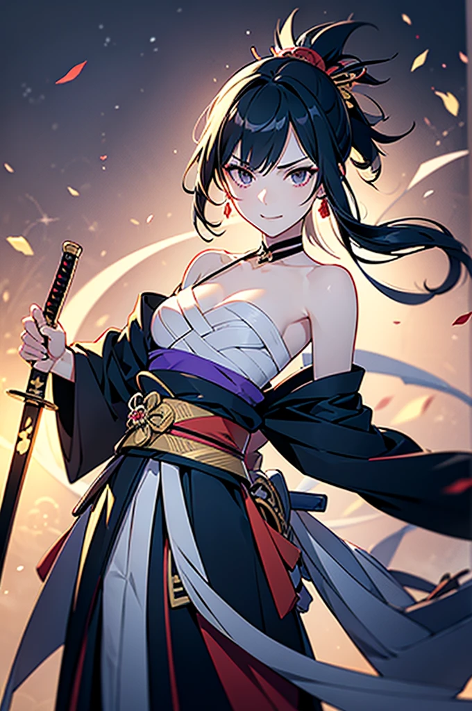 ((roll up bandage sideways on a  chest tightly to cover the chest without gaps)),  bandage samweways, the bantage is no chest shape, flat chest, Japanese Gangster BOSS, adult woman with the dignified presence, Killing Qi, wear nothing around shoulder, wear nothing around neck, wear the kimono, wear it below the waist, (I wind it up to control it, and to attach it),  ((kimono come off)) ,wear the kimono multiple times, Bare shoulders and the clavicle, black and gold kimono, put on over jacket of kimono, (holding a japanese sword which shine in purple, The handole of the sword is black, and the blade is gray, long sword), eye fire, low angle, whole body, bandage is seen, anime character, Glaring, off sholder, nappropriate smile, Excellent, black blue hair, can see both shoulder, long hem, small face, Real Crow tattoo on the back