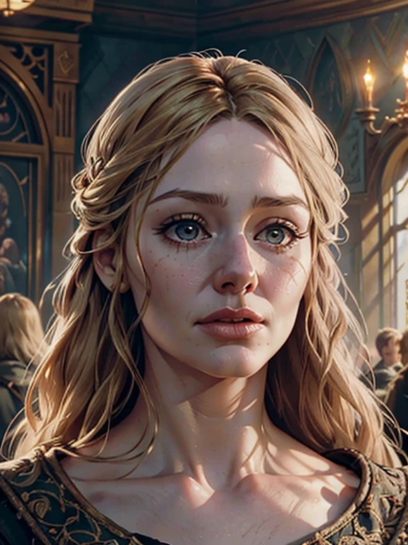 a woman in a ballroom, Eowyn from the lord of the rings, detailed portrait, beautiful detailed eyes, beautiful detailed lips, extremely detailed face, long eyelashes, elegant ballroom dress, dramatic lighting, intricate architecture, (best quality,4k,8k,highres,masterpiece:1.2),ultra-detailed,(realistic,photorealistic,photo-realistic:1.37),detailed fantasy portrait, dramatic lighting, cinematic composition