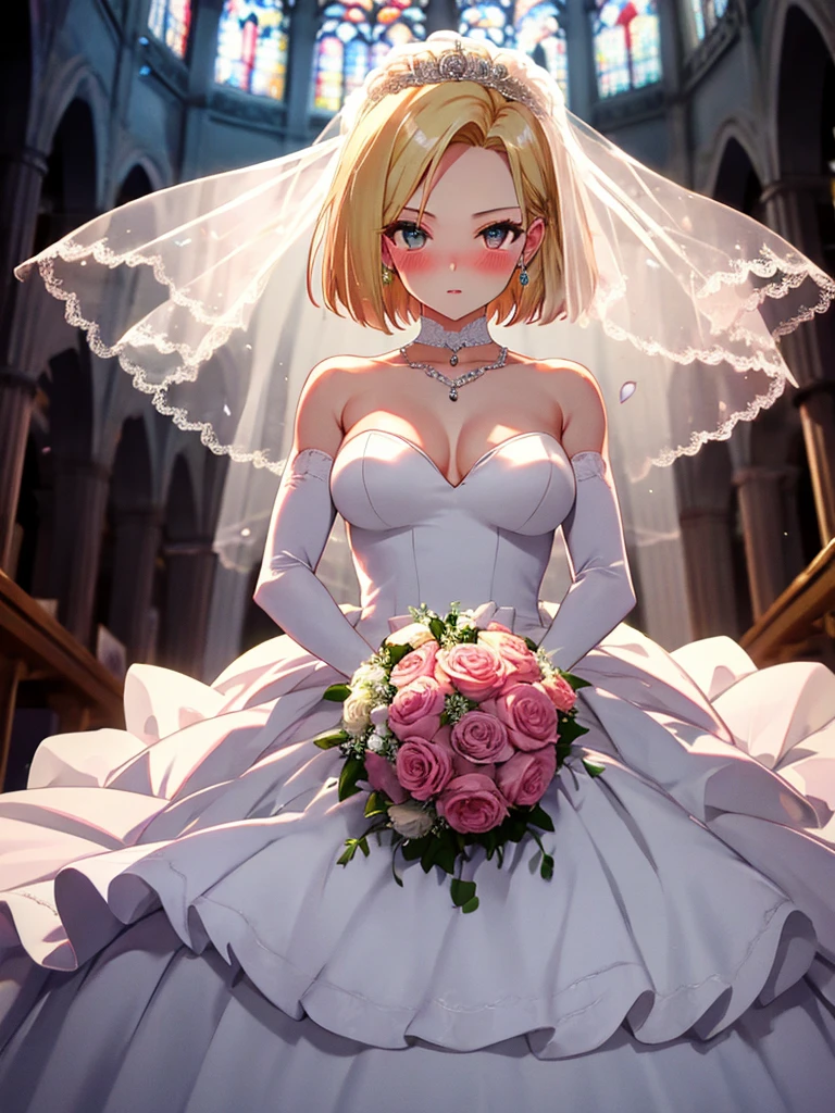 android 18Number, wedding dress, bridal gauntlets, bridal veil, wedding ring, bouquet, blush, small breasts, church, UHD, retina, masterpiece, ccurate, anatomically correct, textured skin, super detail, high details, high quality, best quality, highres, 4K