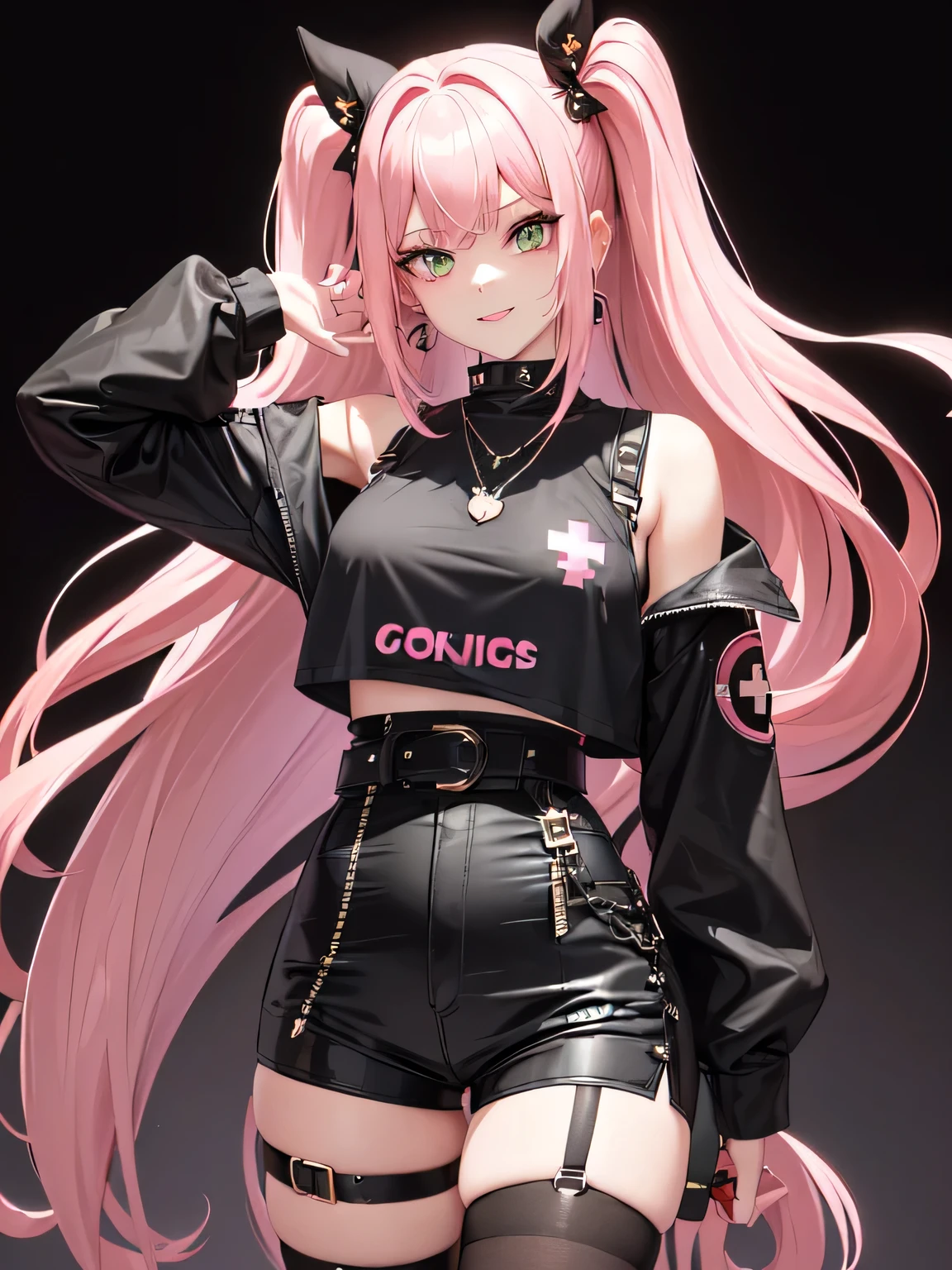 (all intricate details, Zenless Zone Zero style, 1 girl view, Nicole Demara): "(Hair: Long, wavy pastel pink hair that falls in soft waves to her waist. Her hairstyle is adorned with a pair of black bows, one on each side of her head, giving her a youthful and energetic touch. Face: Her expression is lively and playful, with a flirtatious smile and a wink in her left eye, denoting a happy and mischievous personality. Her eyes are a vibrant green, contrasting with her pink hair, and have a reflective shine. his enthusiasm Clothing: He wears a short black jacket that exposes his shoulders, over a white cropped t-shirt with a black graphic design. His outfit is complemented by various metallic details and fashion accessories, such as buckles and straps. highlights her athletic and well-defined figure. Accessories: She wears a necklace with a heart-shaped pendant and yellow earrings that add a touch of color. In addition, she has a small green backpack in the shape of a rabbit, decorated with a peculiar design. which includes a red cross in one of the eyes and black and white details. This unique and eye-catching accessory reinforces your distinctive appearance. Footwear and Underwear: Her outfit includes black shorts with lace details and various straps and buckles that give her a somewhat punk and rebellious style. She is wearing tall black boots that complement her bold look. Equipment: In his right hand, he holds a large dark-colored metal box, adorned with various symbols and letters, suggesting that it may contain important equipment or tools.)"