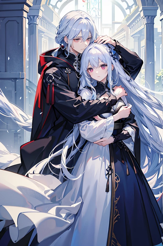 A woman with white hair and blue eyes、A man with black hair and red eyes、A man is hugging a woman、Long, fluffy wavy hair、Braiding、blue and white lace dress、Garter Ring、The man is wearing a cloak、Fantasy
