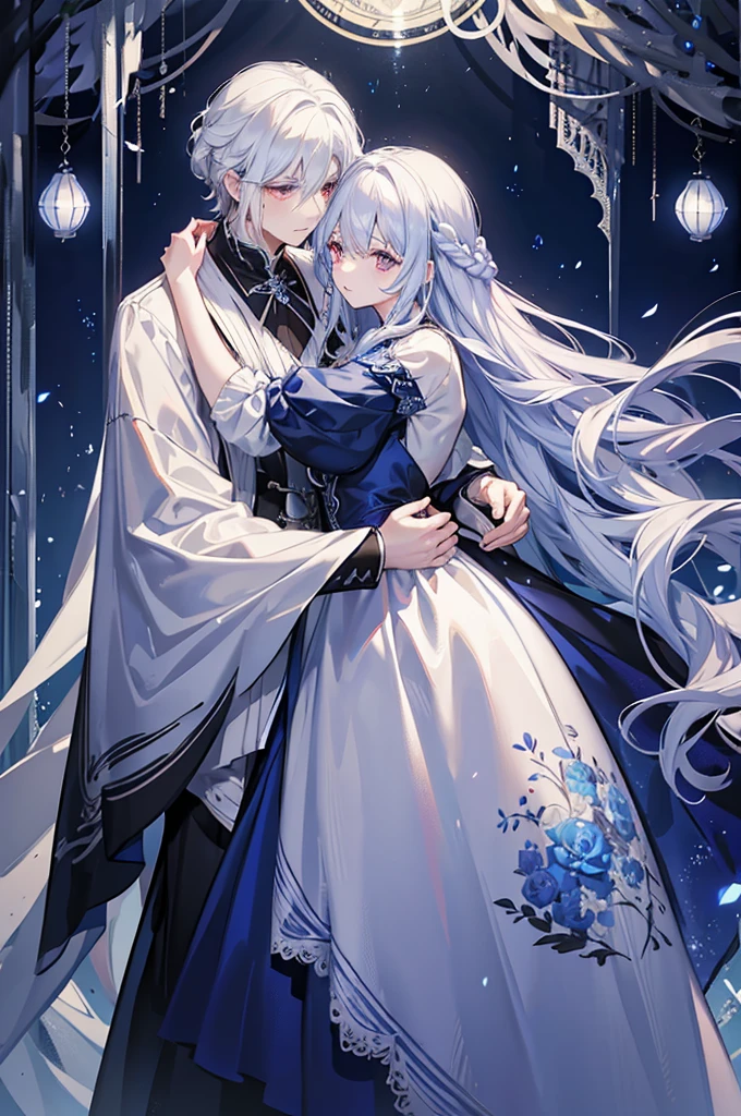 A woman with white hair and blue eyes、A man with black hair and red eyes、A man is hugging a woman、Long, fluffy wavy hair、Braiding、blue and white lace dress、Garter Ring、The man is wearing a cloak、Fantasy