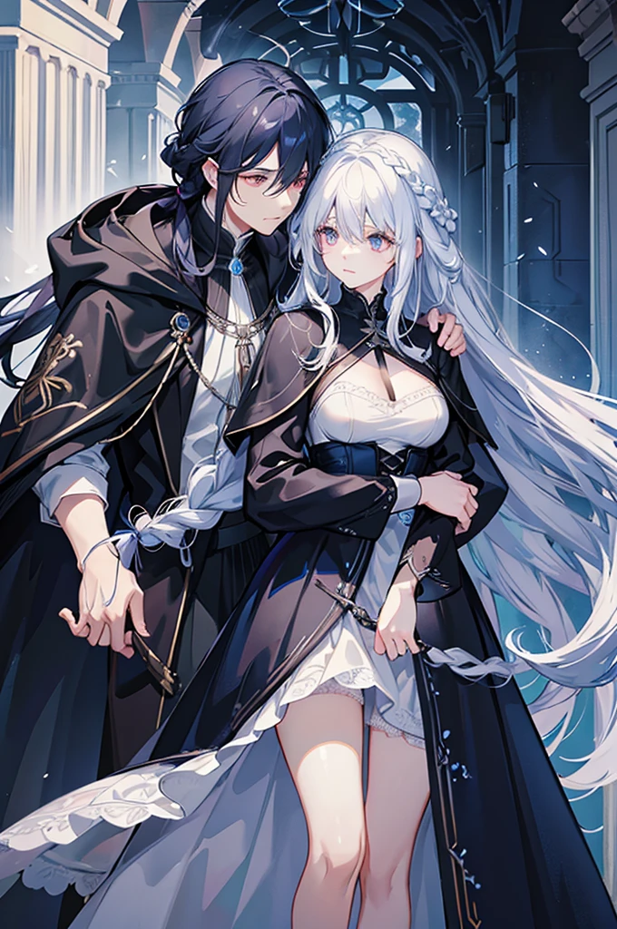 A woman with white hair and blue eyes、A man with black hair and red eyes、A man is hugging a woman、Long, fluffy wavy hair、Braiding、blue and white lace dress、Garter Ring、The man is wearing a cloak、Fantasy