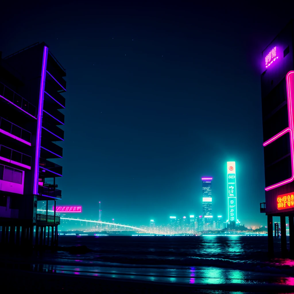 night beach, nightview, neon lights, cyberpunk city, night