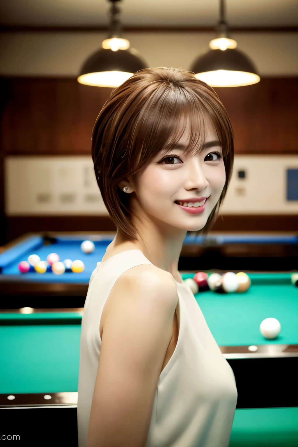 masterpiece, RAW photo, standing in a pool hall with pool table next to you, top quality, realistic, very detailed, very refined and beautiful with a smile on the face professional lighting, face lighting, depth of field, single focus, full body, 30 years old Japanese woman, brown hair, brown eyes, small head, fashionable lady, beautiful eyes, real face, detailed face, real skin, realistic skin, detailed eyes, playing billiards, (fashionable hairstyle: 1.3), dynamic pose, viewer, detailed chest, appearance announcer