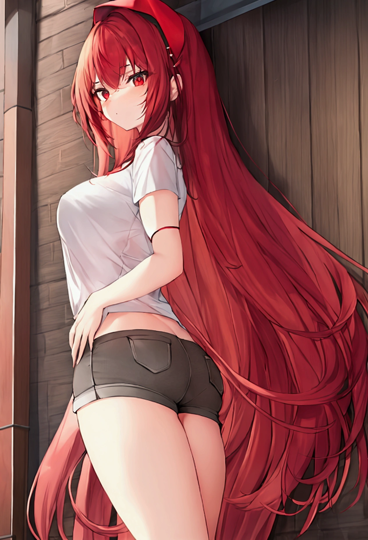 short, redheadwear, very long and straight hair, eyes browns, big-ass, Small breasts, wearing very short shorts and a shirt that reaches her breasts.