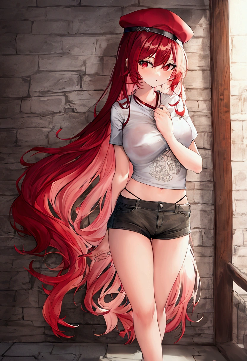 short, redheadwear, very long and straight hair, eyes browns, big-ass, Small breasts, wearing very short shorts and a shirt that reaches her breasts.