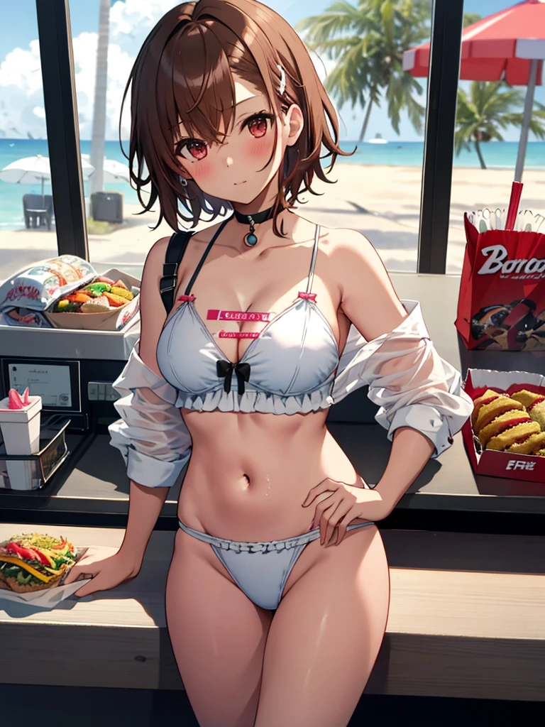 Soft cream, cute, Pitiful, Girl, short hair, Beach House, Swimwear, counter, Fast food clerk, Fast Food Worker, Misaka Mikoto, 1girl, black choker, uhd, retina, masterpiece, ccurate, anatomically correct, textured skin, super detail, high details, high quality, best quality, highres, 4K