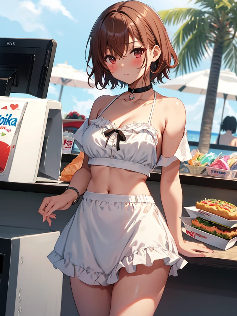 Soft cream, cute, Pitiful, Girl, short hair, Beach House, Swimwear, counter, Fast food clerk, Fast Food Worker, Misaka Mikoto, 1girl, black choker, uhd, retina, masterpiece, ccurate, anatomically correct, textured skin, super detail, high details, high quality, best quality, highres, 4K