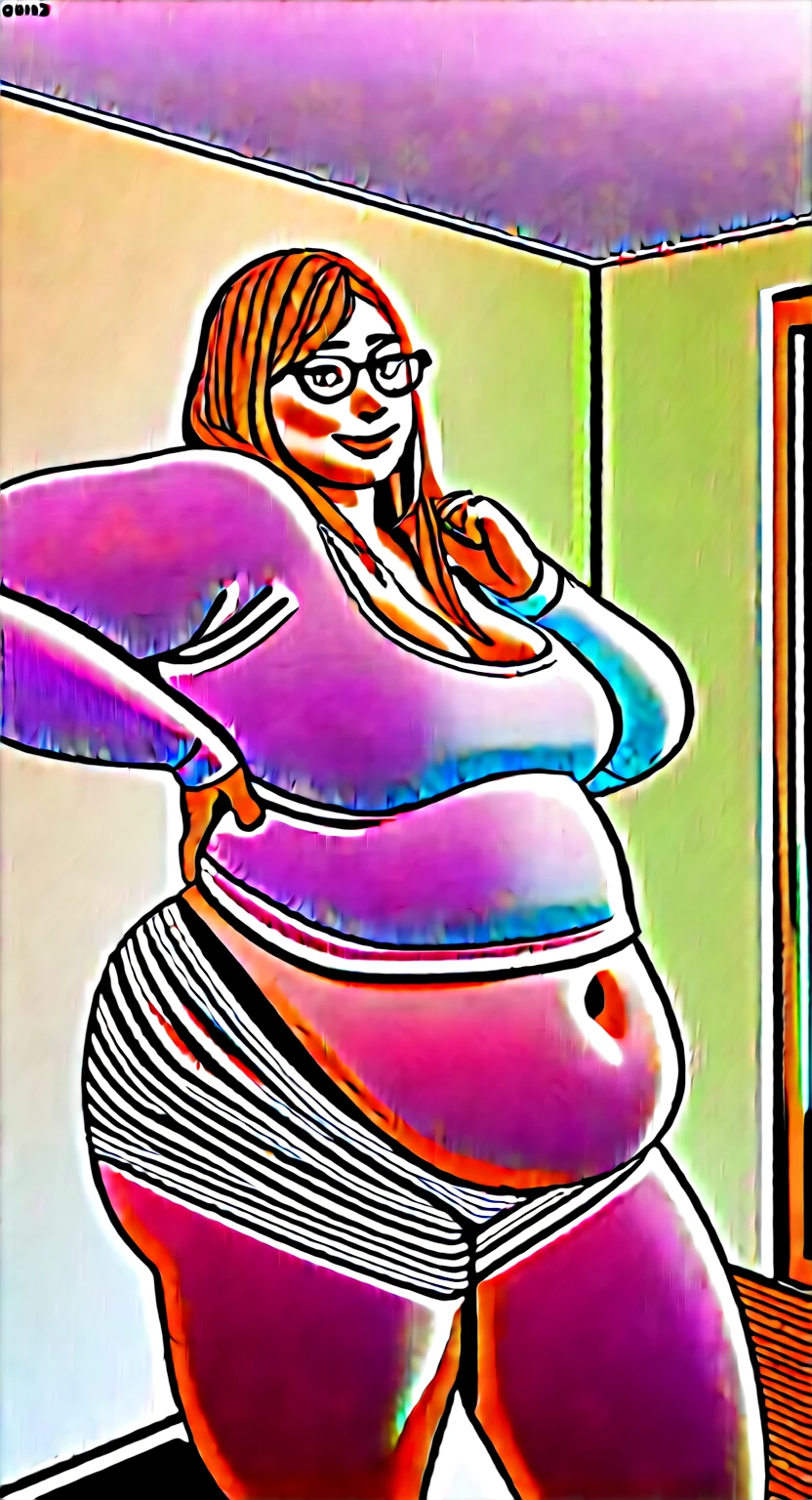 Sunkissed skin all over, Thicc, extremely morbidly obese, pink and white hair, ((wearing)), black 50s glasses, white tanktop, black leggings, voluptuous, feminine boy, femboy, perfect hands, perfect face, smile, (anatomically correct), (Perfect/ realistic proportions:1.2), (overwhelmingly fat arms, obese face), hands grabbing belly, ((extremely widest hips possible!)), ((extremely massive thick thighs, morbidly large belly), belly overhang!)), (1080P, 4k UHD, Masterpiece:2.1!) ((single)), background: tilted towers_fortnite