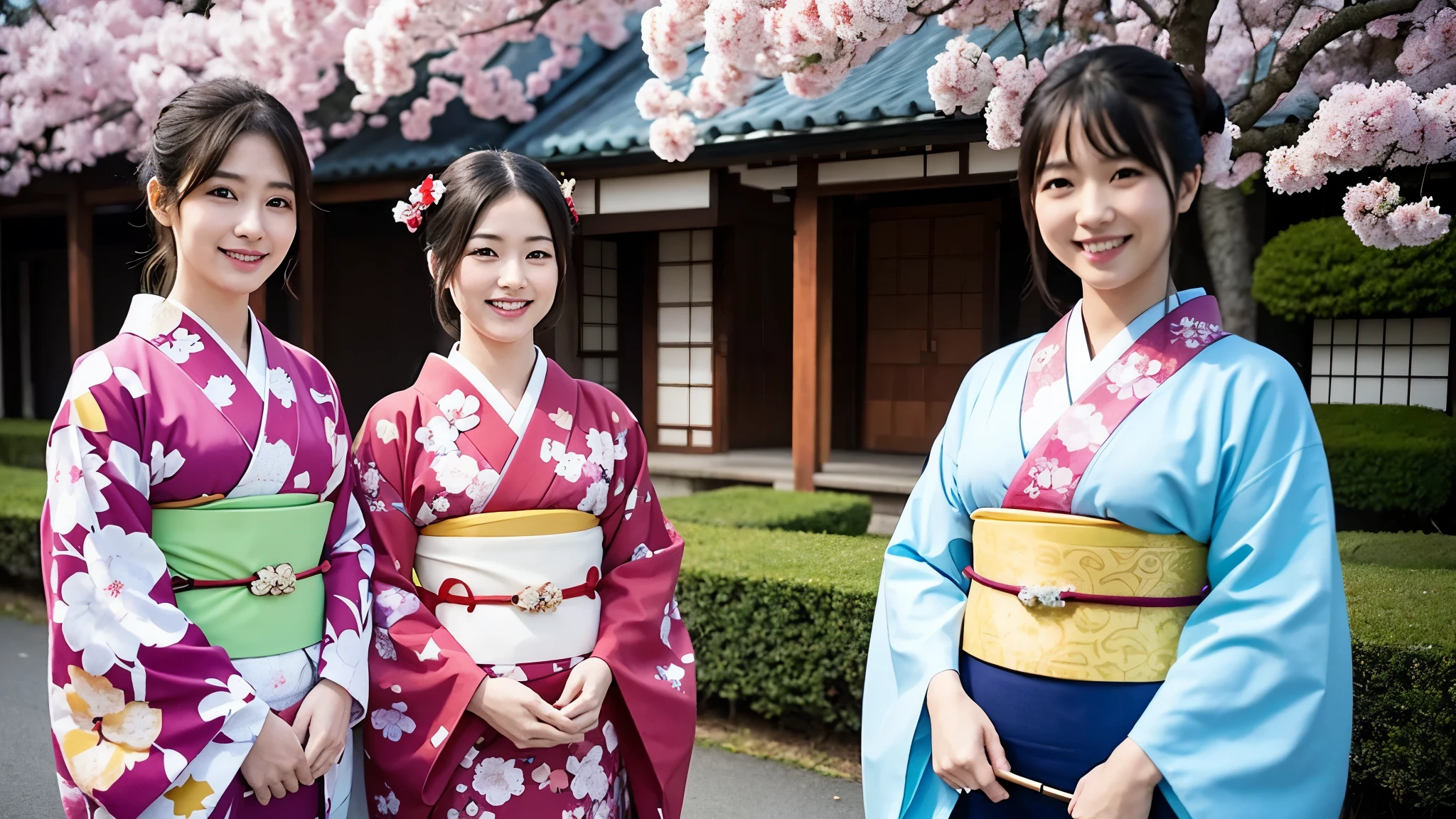 beautiful japanese a woman with shamisen , kimono, kyototwo young girls、twins、smile、