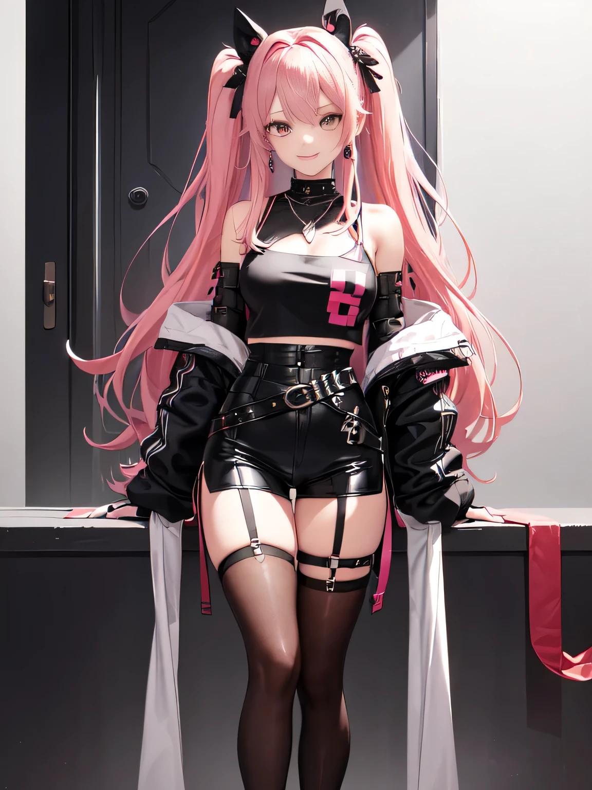 (all intricate details, Zenless Zone Zero style, 1 girl view, Nicole Demara): "(Hair: Long, wavy pastel pink hair that falls in soft waves to her waist. Her hairstyle is adorned with a pair of black bows, one on each side of her head, giving her a youthful and energetic touch. Face: Her expression is lively and playful, with a flirtatious smile and a wink in her left eye, denoting a happy and mischievous personality. Her eyes are a vibrant green, contrasting with her pink hair, and have a reflective shine. his enthusiasm Clothing: He wears a short black jacket that exposes his shoulders, over a white cropped t-shirt with a black graphic design. His outfit is complemented by various metallic details and fashion accessories, such as buckles and straps. highlights her athletic and well-defined figure. Accessories: She wears a necklace with a heart-shaped pendant and yellow earrings that add a touch of color. In addition, she has a small green backpack in the shape of a rabbit, decorated with a peculiar design. which includes a red cross in one of the eyes and black and white details. This unique and eye-catching accessory reinforces your distinctive appearance. Footwear and Underwear: Her outfit includes black shorts with lace details and various straps and buckles that give her a somewhat punk and rebellious style. She is wearing tall black boots that complement her bold look. Equipment: In his right hand, he holds a large dark-colored metal box, adorned with various symbols and letters, suggesting that it may contain important equipment or tools.)"