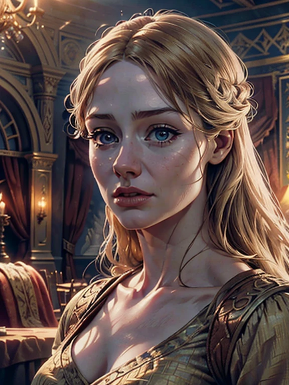 a woman in a ballroom, Eowyn from the lord of the rings, detailed portrait, beautiful detailed eyes, beautiful detailed lips, extremely detailed face, long eyelashes, elegant ballroom dress, dramatic lighting, intricate architecture, (best quality,4k,8k,highres,masterpiece:1.2),ultra-detailed,(realistic,photorealistic,photo-realistic:1.37),detailed fantasy portrait, dramatic lighting, cinematic composition