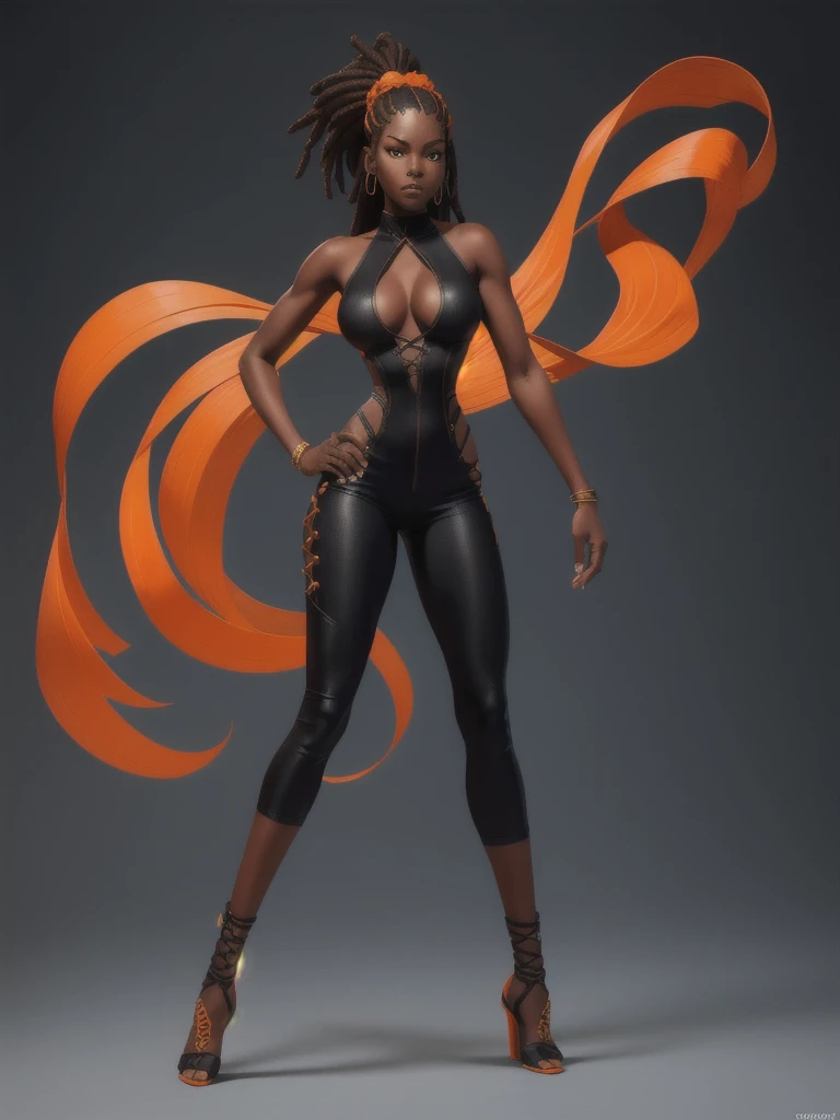 ((best quality)), ((4k)), ((highres)), ((masterpiece:1.2)). ((detailed)), ((ultra realistic)), ((intricate details)), ((full body picture)), ((solo character)), a full body picture of a beautifull Ebony skinned female, black woman, dark skin, ebony princess, ebony model, perfect face, detailed eyes, detailed lips, about 25 years old, about 5'7 ft. tall, long thin dreadlocks down to her hips, ((emphasis on her long thin dreadlocks down to her hips)), pretty, feminine woman, toned body but not too muscular looking, hourglass figure, dressed in a skin-tight sleeveless full body orange jumpsuit, ((emphasis on the skin-tight sleeveless full body orange jumpsuit)), gold adornments, showing cleavage, glamorous, strappy lace up high, fighting game character concept art, tekken character design, the king of fighters character concept, full bofy, full body concept art, full body art