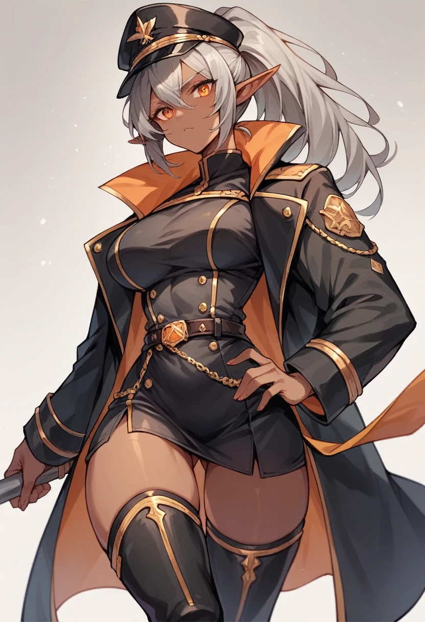 orange eyes,dark elf,grey hair,1lady,high ponytail, gold and black coat,jewelry,gold and black uniform,military hat,thigh boots,
