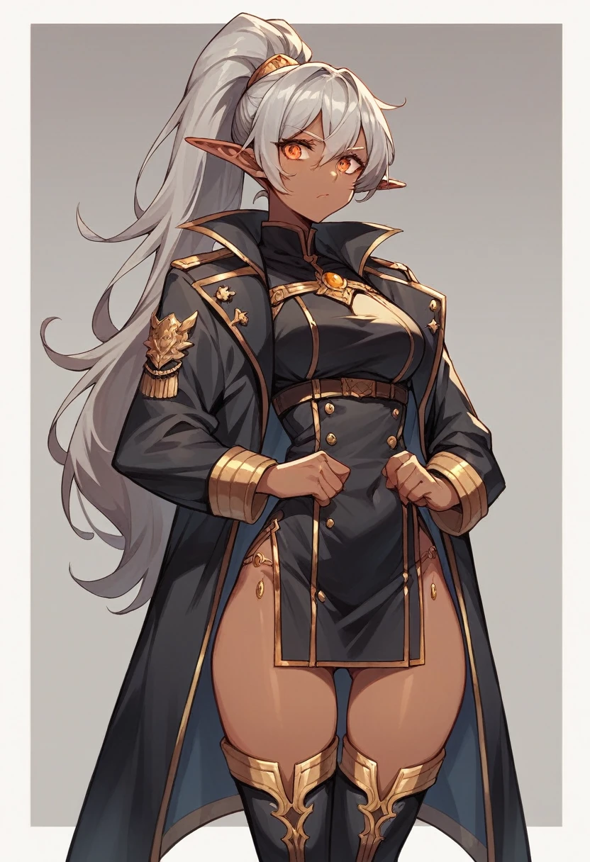 orange eyes,dark elf,grey hair,1lady,high ponytail, gold and black coat,jewelry,gold and black uniform,military hat,thigh boots,
