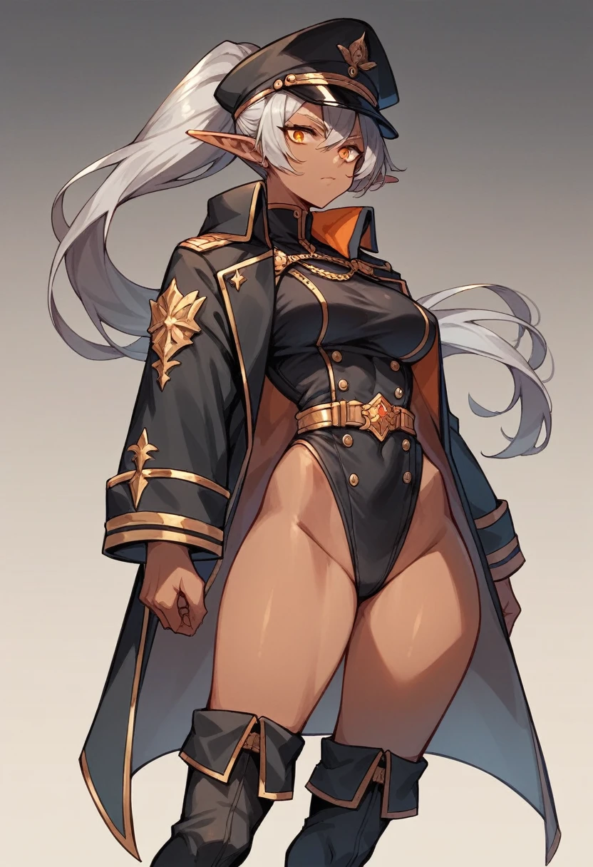 orange eyes,dark elf,grey hair,1lady,high ponytail, gold and black coat,jewelry,gold and black uniform,military hat,thigh boots,
