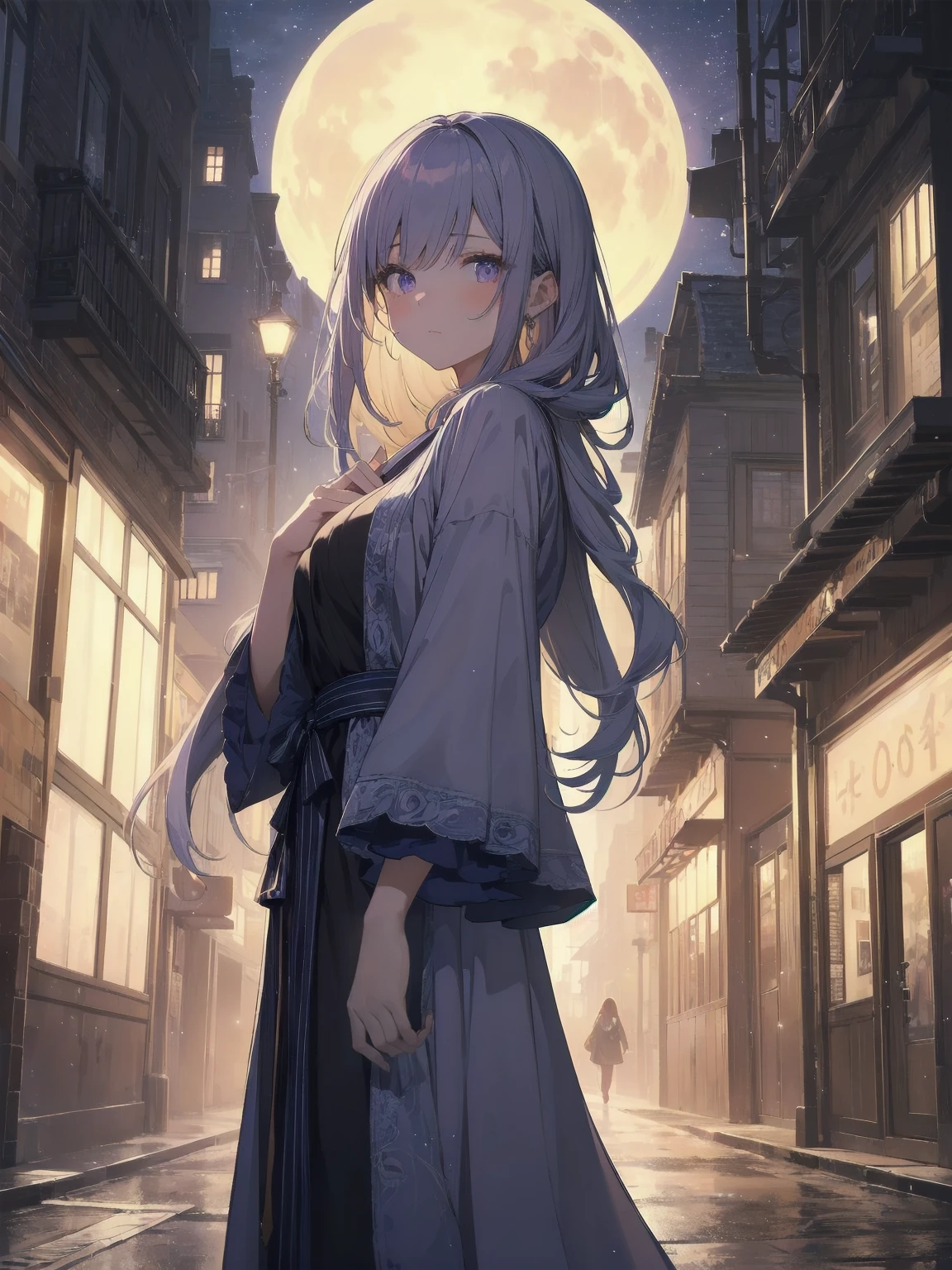 masterpiece, 8K, Highest quality, Very detailed, Purple & A beautiful girl in a blue magical robe with a moon motif、Close-up on the characters、(building, city、A dense fog of fluorescent particles、１８００Era、Western style、Fiction、grow、Overwhelming、Detailed street）、A pretty woman with a beautiful background and a lovely pose