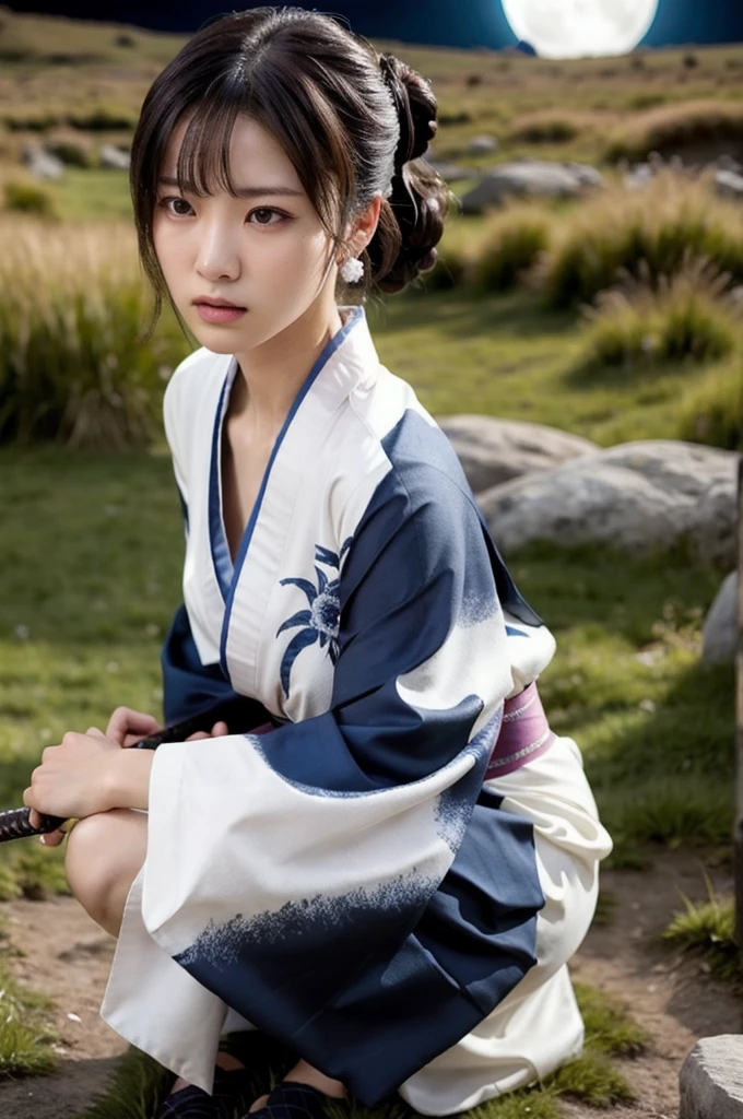 (Realistic:1.3), In detail, quality, Rembrandt Lighting, (masterpiece:1.2), (photoRealistic:1.2), (best quality), (Detailed skin:1.3), (Intricate details), dramatic, Ray Tracing, One girl, Japanese Girls, 21 years old, Detailed skin texture, (blush:0.5), (It gives me goosebumps:0.5), Scattered beneath the surface, stare, anger, Serious expression, Medium chest, Updo, bangs, Hair between the eyes, kimono, kimono, Floral print, Half-squat, Action pose, (Sword Drawing Technique:1.1), (night, night sky, Wide々Grassland, full moon),
