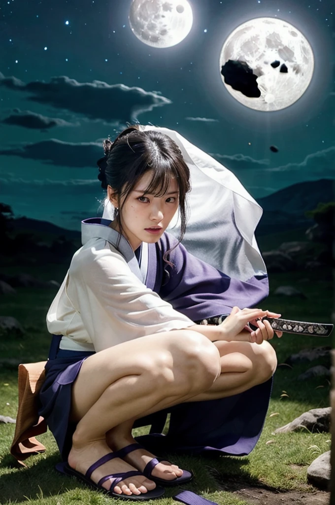 (Realistic:1.3), In detail, quality, Rembrandt Lighting, (masterpiece:1.2), (photoRealistic:1.2), (best quality), (Detailed skin:1.3), (Intricate details), dramatic, Ray Tracing, One girl, Japanese Girls, 21 years old, Detailed skin texture, (blush:0.5), (It gives me goosebumps:0.5), Scattered beneath the surface, stare, anger, Serious expression, Medium chest, Updo, bangs, Hair between the eyes, kimono, kimono, Floral print, Half-squat, Action pose, (Sword Drawing Technique:1.1), (night, night sky, Wide々Grassland, full moon),
