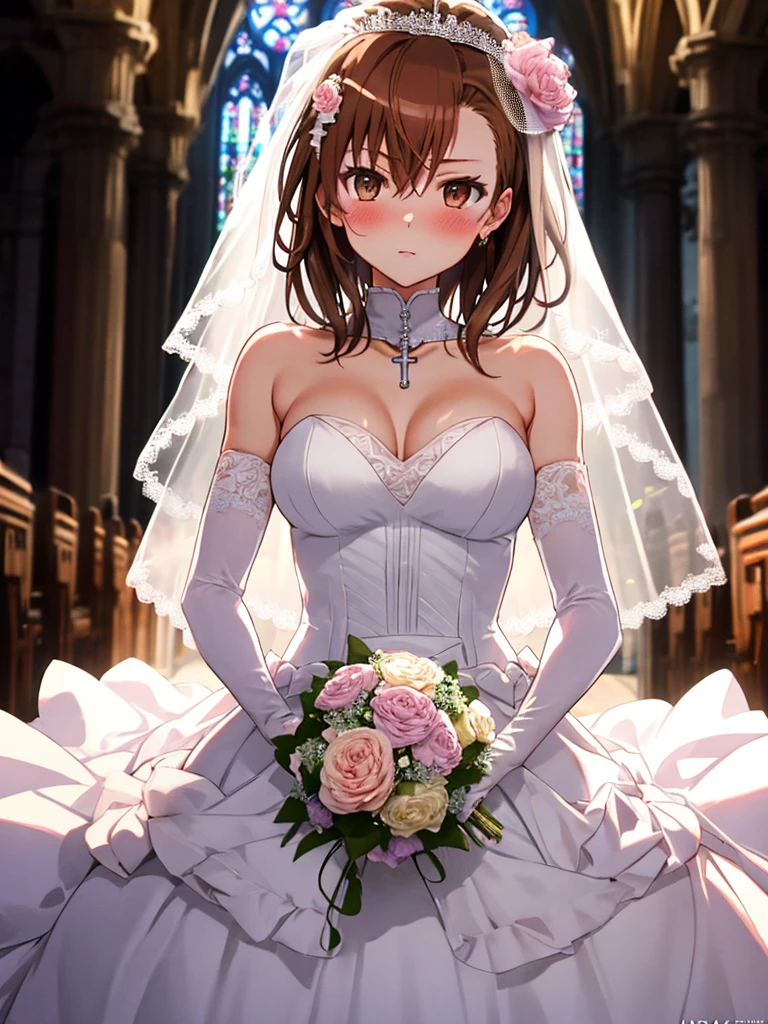 Misaka Mikoto, wedding dress, bridal gauntlets, bridal veil, wedding ring, bouquet, blush, small breasts, church, uhd, retina, masterpiece, ccurate, anatomically correct, textured skin, super detail, high details, high quality, best quality, highres, 4K