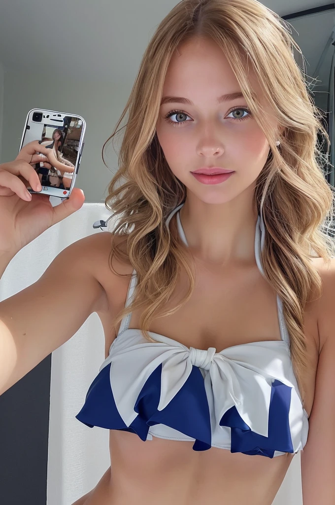 Beautiful young woman taking a selfie, Taken with iPhone camera、Swedish beauty,Long Hair((スポーツSwimwear:1.3)), Swimwear,Upper Body,One Girl